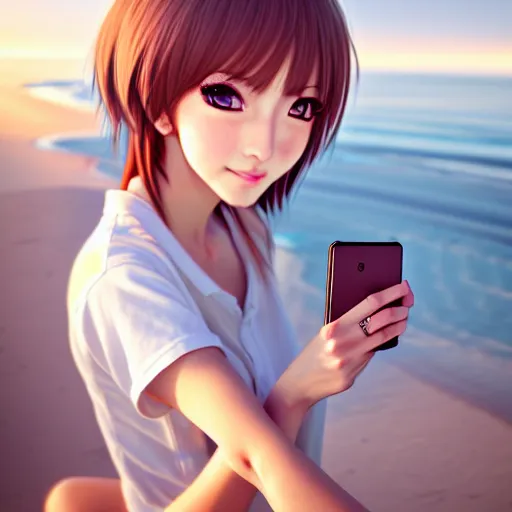 Image similar to beautiful serene intricate very detailed portrait of a realistic anime girl taking a selfie, smiling softly, wearing casual clothes, relaxing on the beach, golden hour, soft focus, 8 k, art by irakli nadar, hyperrealism, hyperdetailed, ultra realistic