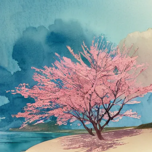 Image similar to a beautiful and inspiring intricate watercolor illustration of a beach landscape view, pink sakura trees growing by the beach, 4 k, ultra - wide angle, by william turner, by victo ngai, by alphonse mucha, by miho hirano, hd, trending on artstation, hyper detailed, muted colors, inspiring, beautiful, paradisiac