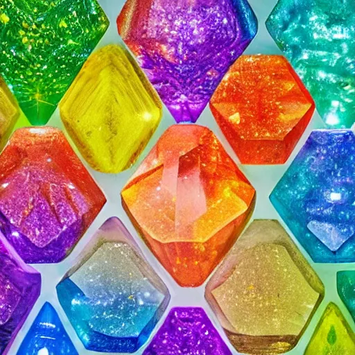 Image similar to pattern of joined hexagonal clear quartz crystals, with a high refractive index, through which is clearly visible the beatific richly multicoloured lights of paradise, exquisitely clear and hyper realistically sharp,