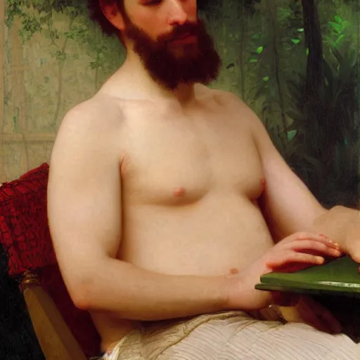 Image similar to an oil painting of an man playing a PC gaming, by Bouguereau, highly detailed and intricate,