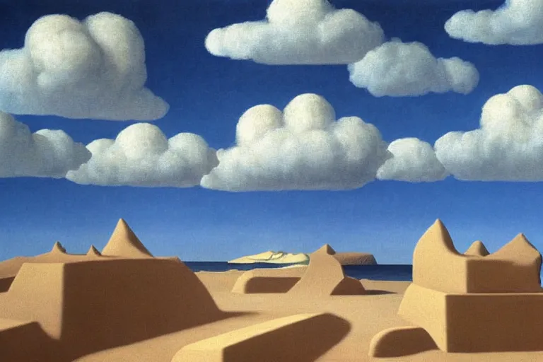 Image similar to impossibile sand structure with a small crowd outside on a tropical island, fluffy clouds, blue sky by magritte and de chirico, oil painting, hyper detailed, masterpiece 4 k