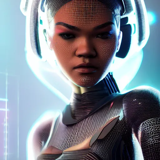 Image similar to full-length portrait of beautiful cyber lady Zendaya, cyberpunk, close-up perfect face, photorealistic, octane render, 35mm, beautiful big symmetric eyes, coherent, 4k, Unreal Engine, intricate details, concept art, volumetric lighting, trending or artstation, award winning, beautiful scenery, ray tracing