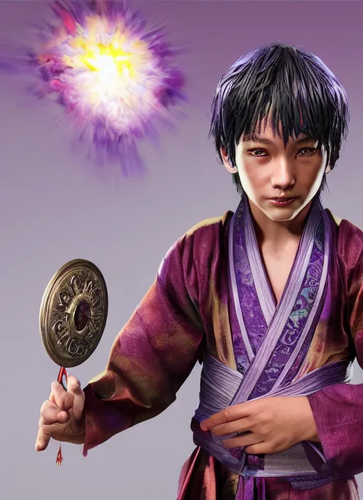 Image similar to An epic fantasy comic book style portrait painting of a young boy with straight indigo hair, purple eyes with red eye markers, slim body, wearing a detailed Japanese kimono with traits of the god Fuujin, holding a pair of fans. Unreal 5, DAZ, hyperrealistic, octane render, cosplay, RPG portrait, dynamic lighting