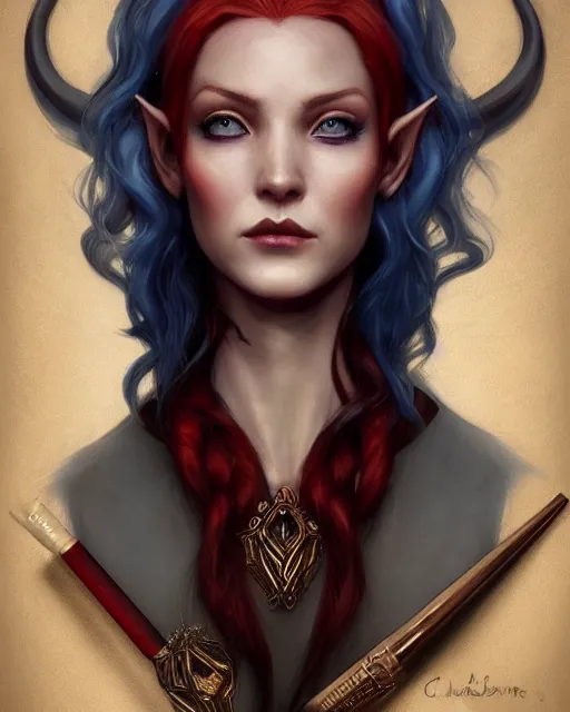 Prompt: A detailed matte oil on canvas head on symmetrical portrait of a distinguished elven woman with red hair left and blue hair right (((((makeup))))) by Charlie bowater and lise deharme wlop, trending on artstationhd, dungeons and dragons art critical role