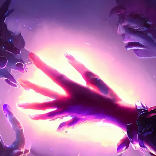 Image similar to glowing hands with fingers floating, eyes in the hand, glowing fingers, violet theme, bright art masterpiece artstation. 8 k, sharp high quality artwork in style of jose daniel cabrera pena and greg rutkowski, concept art by tooth wu, blizzard warcraft artwork, hearthstone card game artwork, human anatomy