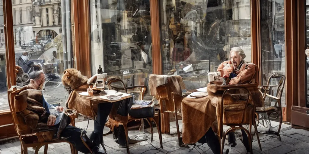 Image similar to mcgregor and jean rochefort are having a coffee. they are on nice conversation. a brown furry cat sits at the middle of the table. strong colours. nice atmosphere. 2 0 th century paris is seen on window. tobacco smoke. antique coffee cups.