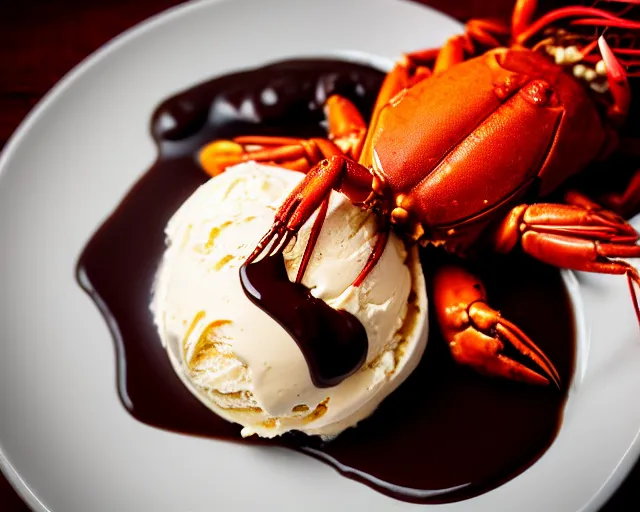 Image similar to dslr food photograph of a plate of lots of vanilla ice cream and a crawfish, some chocolate sauce, 8 5 mm f 1. 4