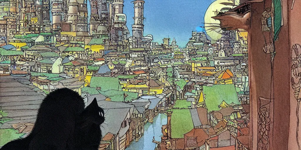 Image similar to sri lankan cat looking at the city, drawn by hayao miyazaki