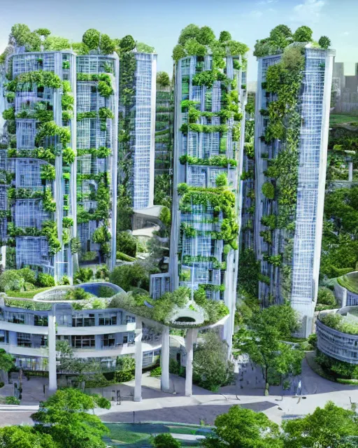 Image similar to a beautiful 3d renderings of buildings, architecture by Vincent Callebaut architecture. green architecture, 14mm, cinematic , high resolution 4k, cg architects, vray