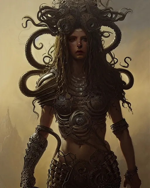 Image similar to fierce beautiful medusa in full body armor, fantasy character portrait, ultra realistic, concept art, intricate details, highly detailed by greg rutkowski, gaston bussiere, craig mullins, simon bisley