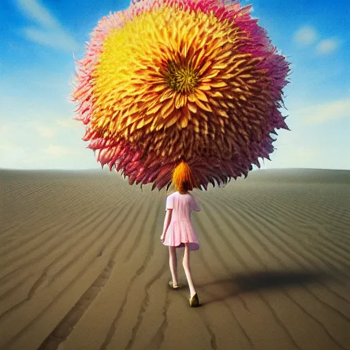 Image similar to closeup giant dahlia flower head, girl walking between dunes, surreal photography, sunrise, blue sky, dramatic light, impressionist painting, digital painting, artstation, simon stalenhag