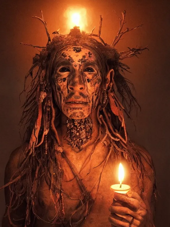 Image similar to fine painting of a death shaman from an ancient culture with mushrooms growing from his body, candlelight, 8 k, ultra realistic, lens flare, atmosphere, glow, detailed, intricate, full of colour, cinematic lighting, trending on artstation, 4 k, hyperrealistic, focused, extreme details, unreal engine 5, cinematic, masterpiece