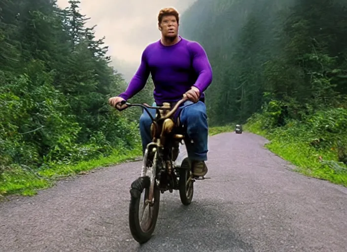 Image similar to film still of thanos riding a small childrens bike down a steep mountain road in the goonies 1 9 8 5