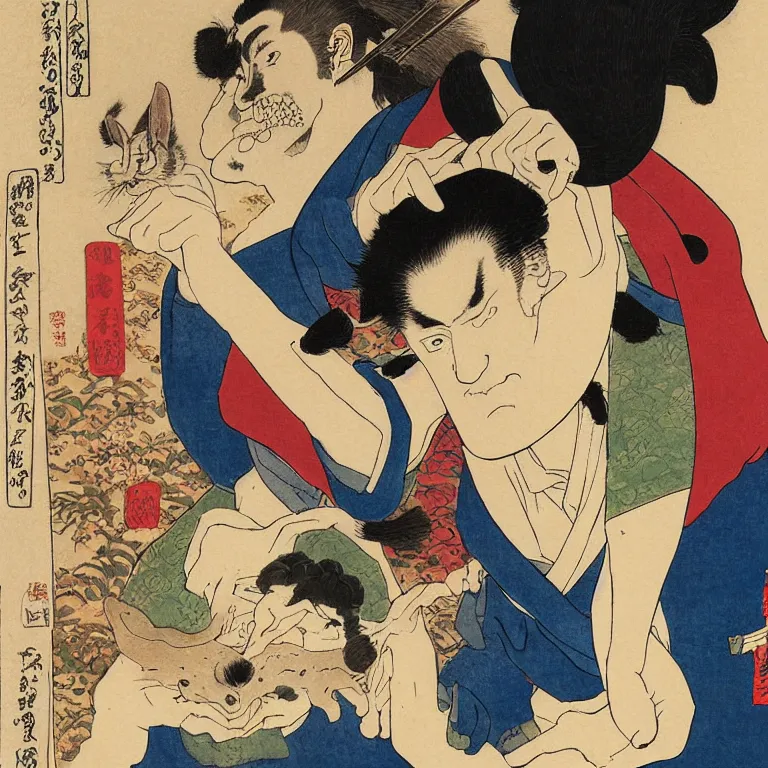 Prompt: Beautiful warmly lit close up studio portrait of Quentin Tarantino fighting against a giant rabbit, beautiful watercolor painting in the style of Kuniyoshi and Sharaku and Lucian Freud, trending on artstation dramatic lighting realism ukiyo-e