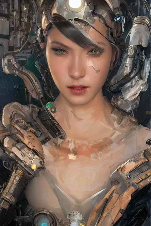 Prompt: Portrait of beautiful smiling Ultra realistic illustration, beautiful alluring female cyborg, cyberpunk, sci-fi, fantasy, intricate, elegant, highly detailed, digital painting, artstation, concept art, smooth, sharp focus, illustration, art by Yintion J , Jiang Geping and artgerm and greg rutkowski and alphonse mucha.