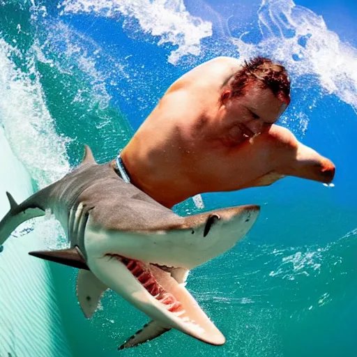 Prompt: a surfer feeding a shark in a pool