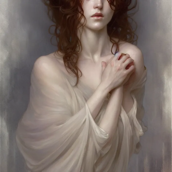 Prompt: translucent ghost, diffuse lighting, fantasy, intricate, elegant, highly detailed, lifelike, photorealistic, digital painting, artstation, illustration, concept art, smooth, sharp focus, art by John Collier and Albert Aublet and Krenz Cushart and Artem Demura and Alphonse Mucha