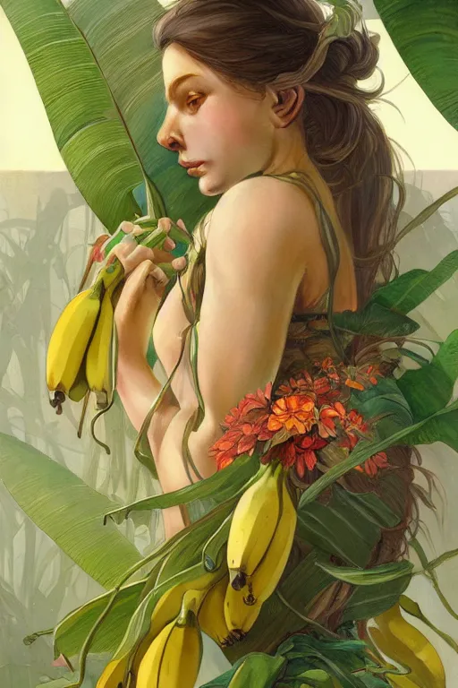 Image similar to ultra realistic illustration, banana plants close up drawing and colorful flowers, elegant, highly detailed, digital painting, concept art, smooth, sharp focus, illustration, art by greg rutkowski and alphonse mucha