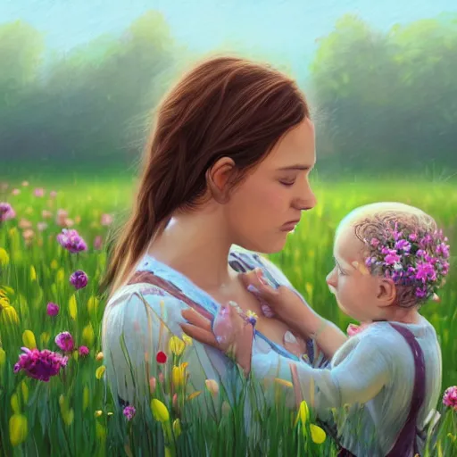 Image similar to A mother and child in a field of flowers, serene, digital painting, artstation, close up, details, sharp focus, illustration, By Ross draws