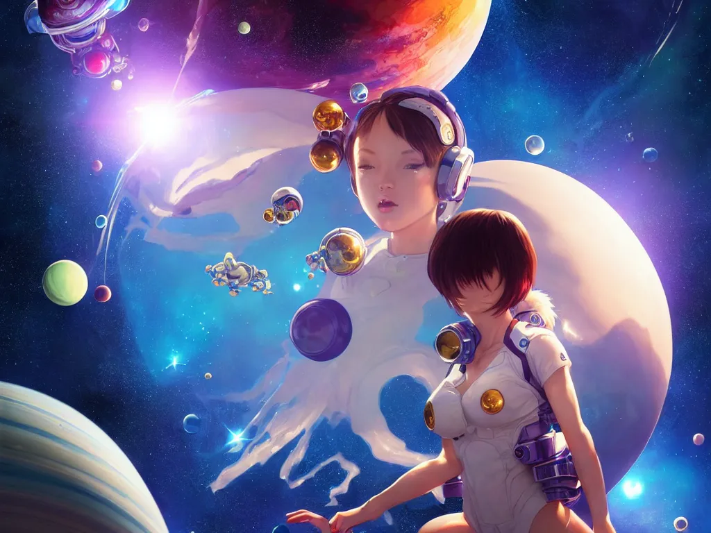 Image similar to bubbly space girl flying to the saturn with her animal compaions, occlusion shadow, specular reflection, rim light, unreal engine, artgerm, artstation, art by hiroaki samura and ilya kuvshinov and ossdraws, high quality, intricate detailed 8 k, fantasy illustration, extremely beautiful and aesthetic shape of face and body, movie poster