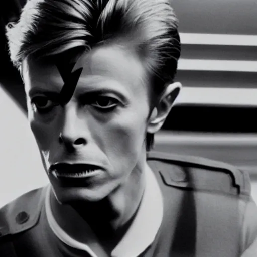 Prompt: A young David Bowie on the bridge of a starship, movie still,colour