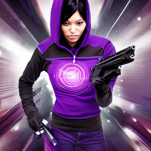 Image similar to poster artwork, sci fi, a female, full body, black hoodie techie, black hair with purple streaks, holding a gun, 8 k