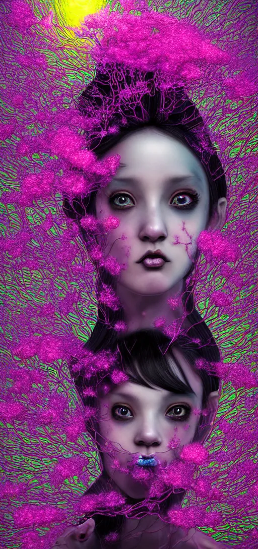 Prompt: hyper detailed 3d render like a Oil painting - kawaii portrait Aurora demon (ancient black haired Fae acrobat) seen Eating of the Strangling neural network of yellowcake aerochrome and technoligcal lightning cable and Her delicate Hands hold of gossamer polyp blossoms bring iridescent fungal flowers whose spores black the foolish stars by Jacek Yerka, Mariusz Lewandowski, Houdini algorithmic generative render, Abstract brush strokes, redshift render, Masterpiece, Edward Hopper and James Gilleard, Zdzislaw Beksinski, drawn by Takato Yamamoto and Katsuhiro Otomo, full body character drawing, inspired by Evangeleon, clean ink detailed line drawing, intricate detail, extremely detailed, 8k