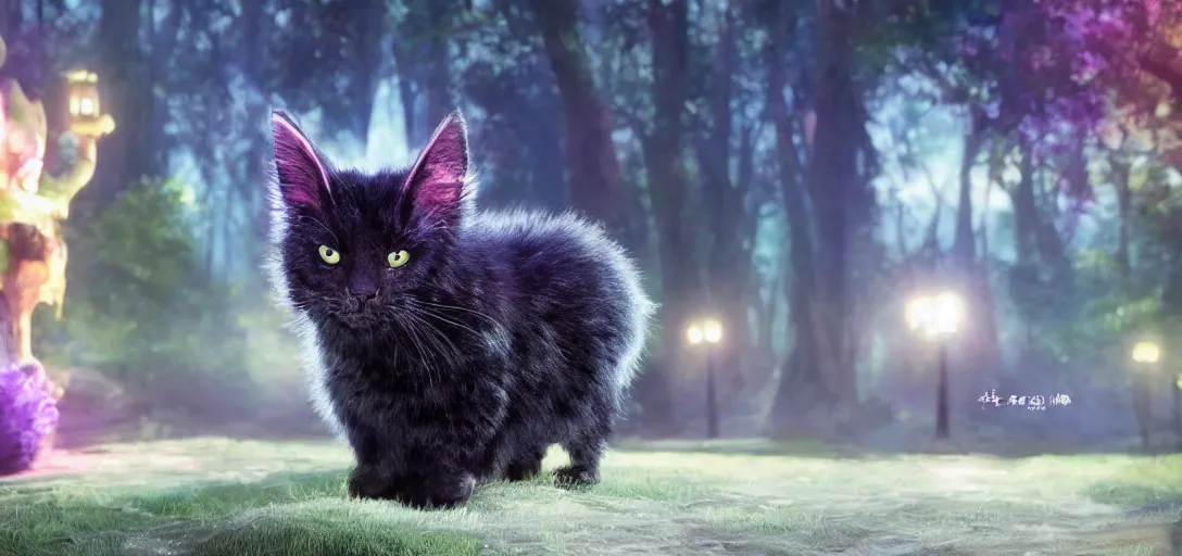 Image similar to ultra - realistic ultra - detailed adorable cute fluffy bioluminescent black cat in the style of ghibli kazuo oga, colorful fur, big ears, big purple eyes, forest landscape, dof, soft lighting, unreal engine, octane render