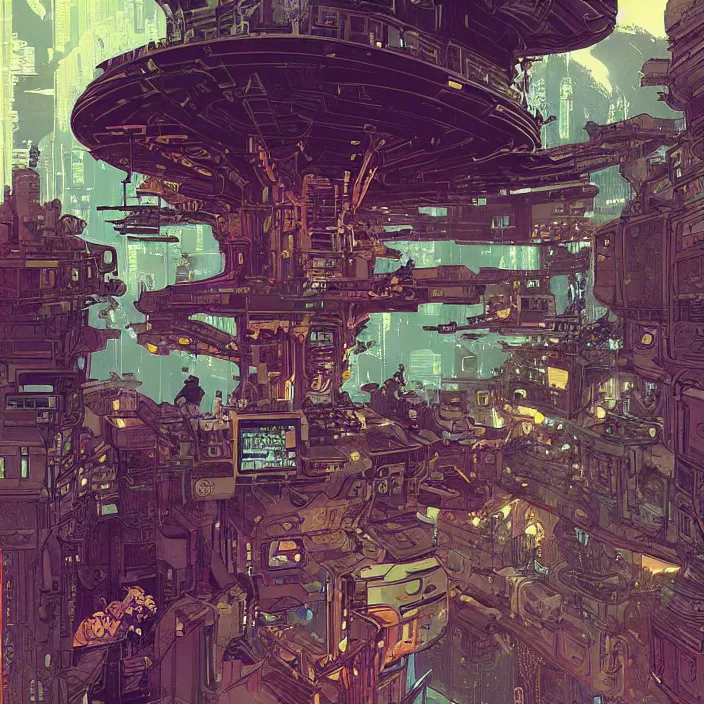 Image similar to Stunningly intricate illustration of a cyberpunk explorer playing video games in his treehouse, highly detailed, midnight, by Victo Ngai and James Gilleard , Moebius, Laurie Greasley