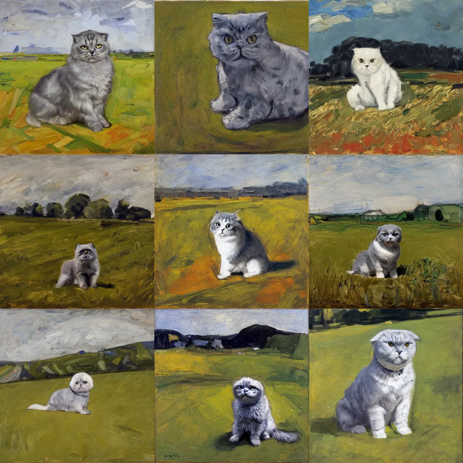 Prompt: a gray scottish fold sitting in the middle of sunny meadow, by frank auerbach