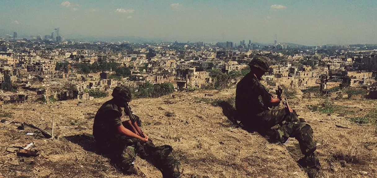 Image similar to “sad soldier, sitting alone, smoking a cigarette, looking at the ruins of his city from a hill”