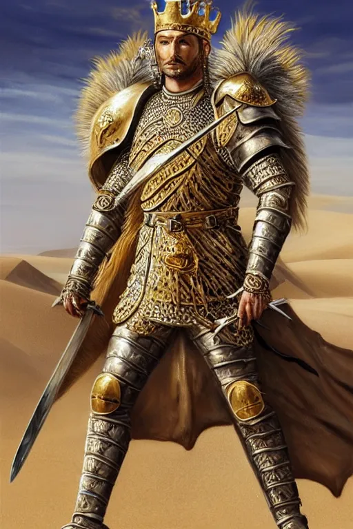 Image similar to Hyper-realistic Portrait of the King of the Desert, Warrior Man, standing in Sand, detailed scene, Gold Armour and Crown, Sword, handsome attractive face, beautiful face, photo realistic, highly detailed, dramatic lighting, majestic, trending on artstation, elegant, intricate, highly detailed, digital painting, concept art, sharp focus, illustration, art by artgerm and greg rutkowski and alphonse mucha