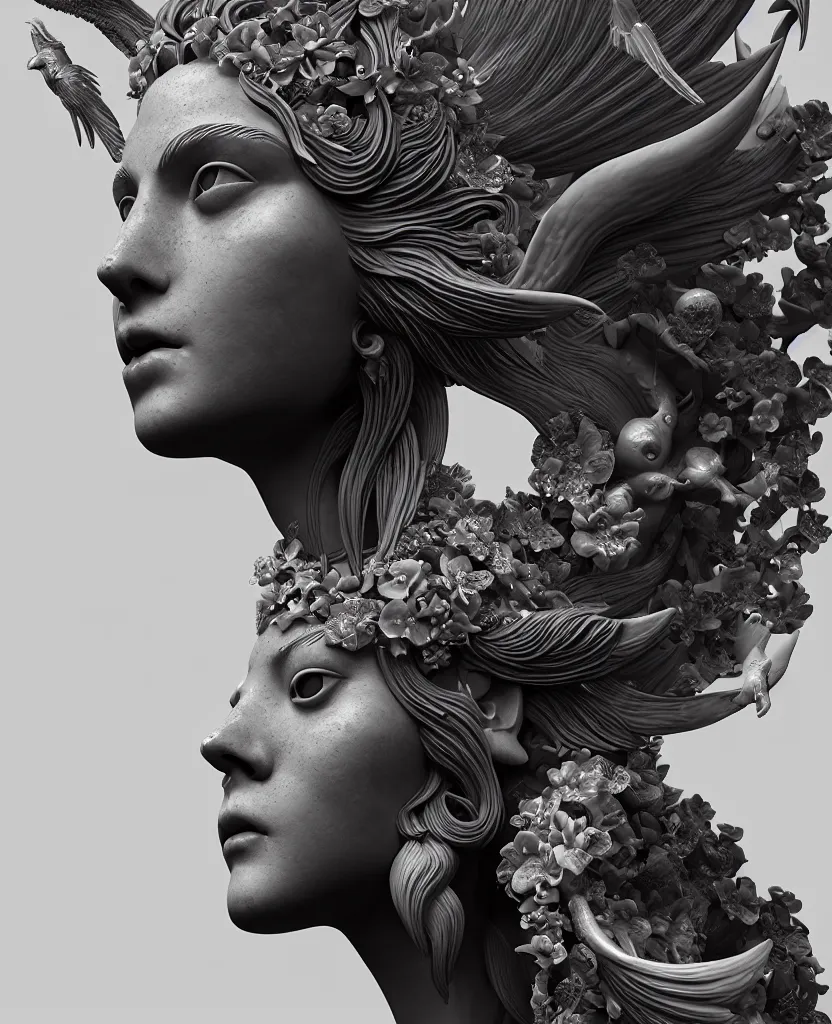 Image similar to goddess sculpture close-up portrait. orchid bird phoenix head, nautilus, skull, betta fish, bioluminiscent creatures, intricate artwork by Tooth Wu and wlop and beeple. octane render, trending on artstation, greg rutkowski very coherent symmetrical artwork. cinematic, hyper realism, high detail, octane render, 8k