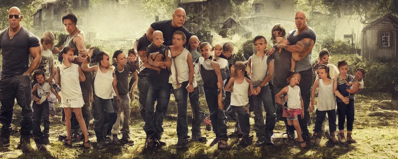 Image similar to closeup photo of vin diesel and his 6 children, sunny day, village house, pastoral, happy, cinematic, art by jan urschel and neil blevins