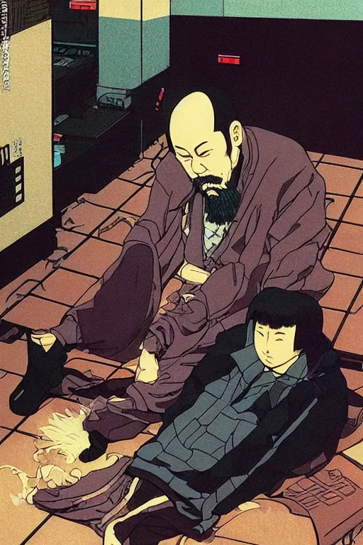 Image similar to awe-inspiring 1980s Japanese cyberpunk style illustration of a grandfather with a beard sitting on the floor by Masamune Shiro and Katsuhiro Otomo, studio ghibli color scheme, dark, complex