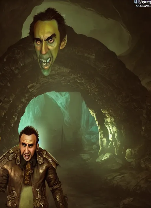 Image similar to A fantasy comic book style portrait painting of Nicolas Cage as a goblin in a cavern setting, unreal 5, DAZ, hyperrealistic, octane render, RPG portrait, ambient light, dynamic lighting