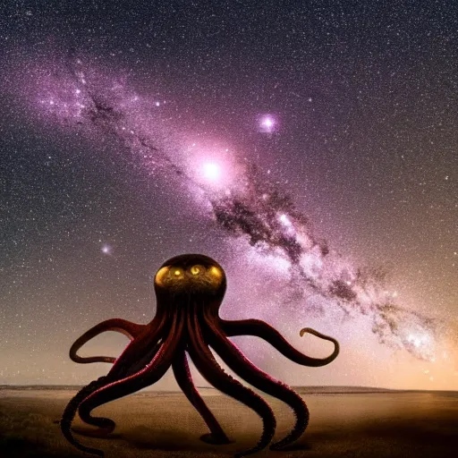 Image similar to a giant octopus made of star dust in floating among the galaxies of the milky way, night sky photography, geo