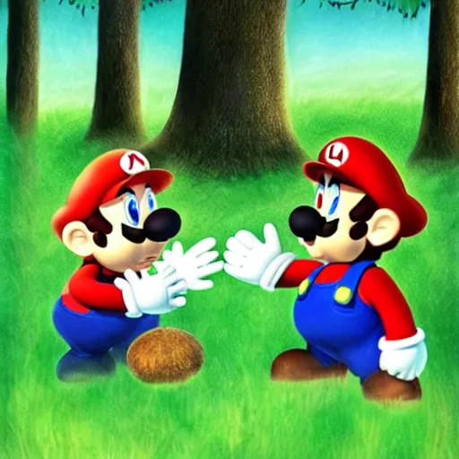 Prompt: mario and luigi eating mushrooms in the forest in a photorealistic style, photo captured on polaroid