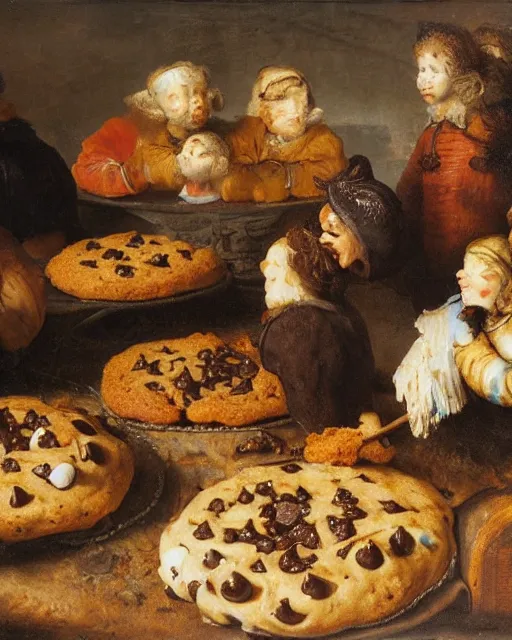 Prompt: banquet of several freshly baked chocolate chip cookies, delicious, glistening, chocolate sauce, marshmallows, highly detailed, food photography, art by rembrandt