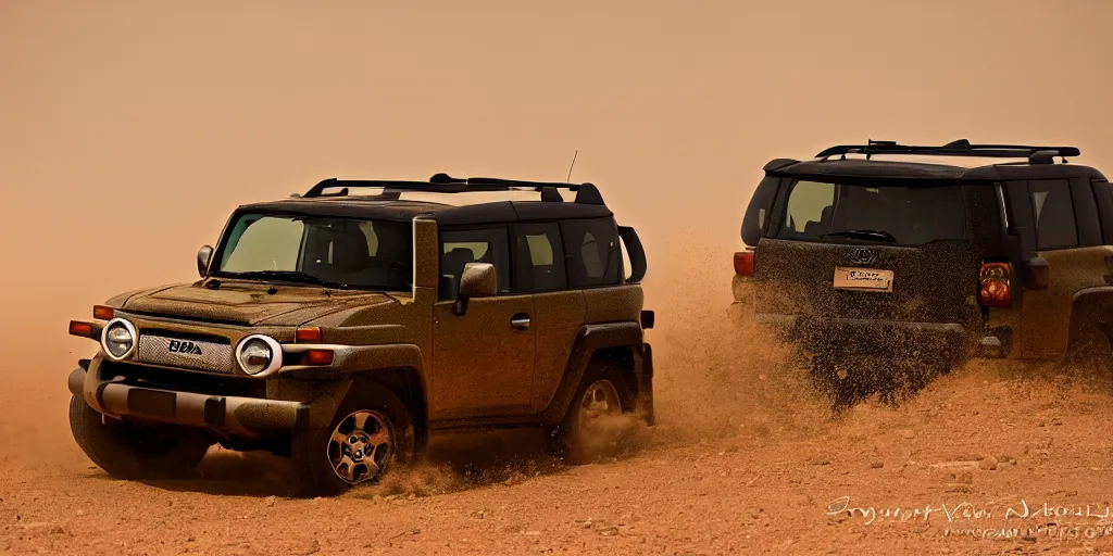 Prompt: Toyota FJ cruiser, sitting in a dust storm in the desert, photography