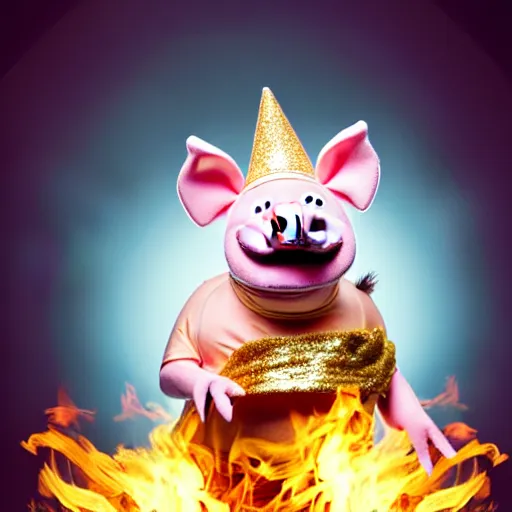 Prompt: !dream studio photograph of a pig wearing a gold crown depicted as a muppet running on fire