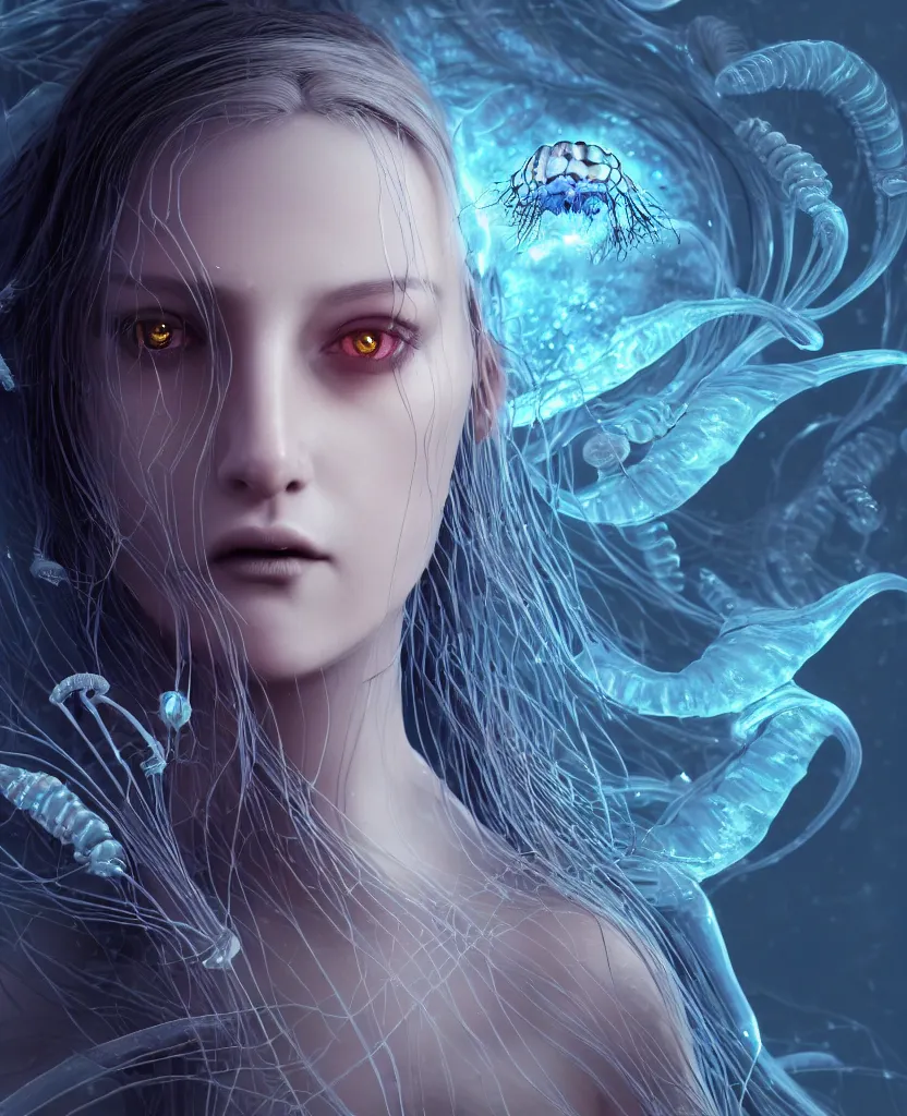 Image similar to close-up portrait of the face of a beautiful gloomy gothic princess, epic angle and pose, symmetrical artwork, 3d with depth of field, blurred background, cybernetic jellyfish female face skull phoenix bird, translucent, nautilus, energy flows of water and fire. a highly detailed epic cinematic concept art CG render. made in Maya, Blender and Photoshop, octane render, excellent composition, cinematic dystopian brutalist atmosphere, dynamic dramatic cinematic lighting, aesthetic, very inspirational, arthouse. y Greg Rutkowski, Ilya Kuvshinov, WLOP, Stanley Artgerm Lau, Ruan Jia and Fenghua Zhong