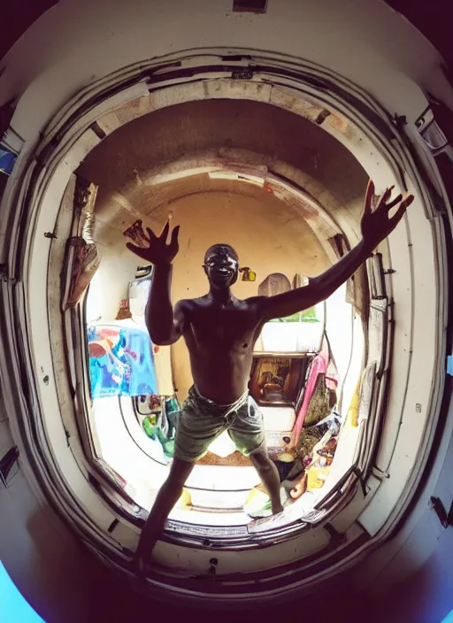 Prompt: analogue photo of an African tribal man Djing to a crowd on a spaceship, view of planet earth in porthole window, wide angle,