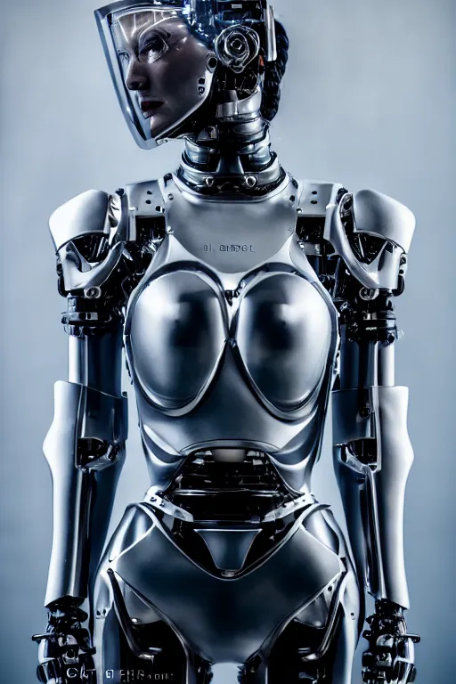 Prompt: cybernetic high tech female knight, sci - fi, high tech, futurism, exoskeleton, symmetry, cinematic, elegant, luxury, perfect light, perfect composition, dlsr photography, sharp focus, 8 k, ultra hd, sense of awe, highly detailed, realistic, intricate, science journal cover