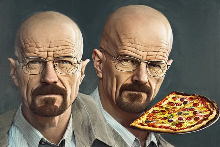 Prompt: epic portrait of walter white with pizza on his head from breakingbad, detailed, digital painting, artstation, concept art, donato giancola, joseph christian leyendecker, wlop, boris vallejo, breathtaking, high details, extremely detailed, establishing shot, artistic, hyper realistic, still shot from breakingbad series - h 1 2 8 0