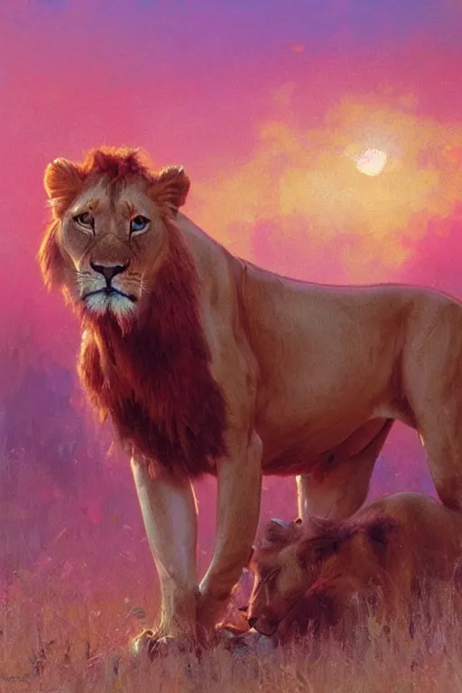 Image similar to spiritual twin flame lioness hunting art, pink sunset hue, highly detailed, oil painting hue, by craig mullins