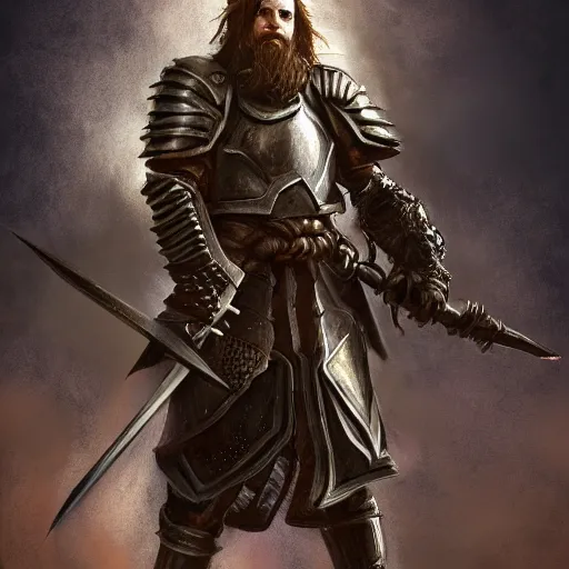 Image similar to portrait of a guy with battle armor,Grim fantasy, D&D, HDR, natural light, medium close shot, dynamic pose, award winning photograph, Mucha style