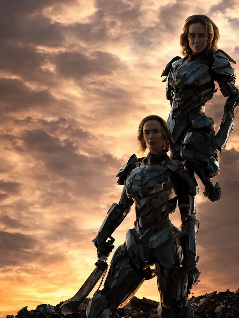 Prompt: emily blunt in futuristic power armor, close up portrait, solitary figure standing atop a pile of rubble, holding a sword on her shoulder, sunset and big clouds behind her