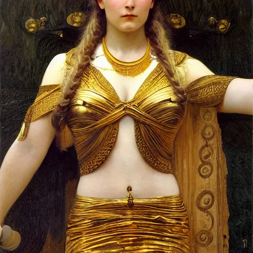 Image similar to painting portrait of hel goddess of the death, viking culture, intricate, elegant, digital painting, smooth, sharp focus, shiny gold, realistic gold, realistic metal, by william - adolphe bouguereau and gustav klimt,