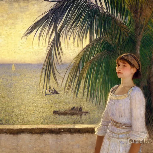 Image similar to a ultradetailed beautiful painting of a girl in the amazonas palace designed by jules bastien - lepage, hans belmer, frank weston and gustave baumann, beach, trending on artstation, mediterranean, palm trees, light sparkles, sharp focus, soft light, 8 k 4 k